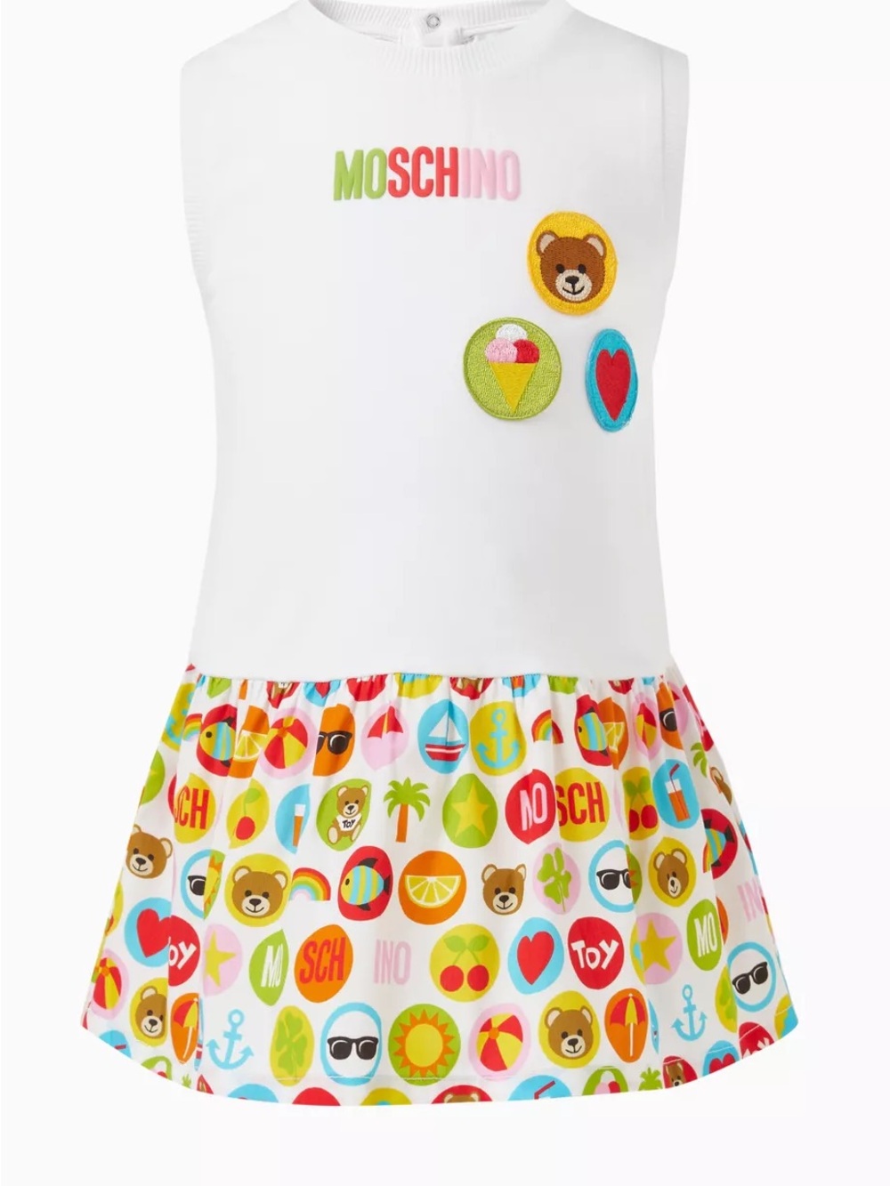 Moschino White Sleeveless Dress with Multicolor Patches and Printed Skirt